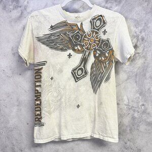 Y2K Style Grunge Cross Shirt Mens Small White Short Sleeve